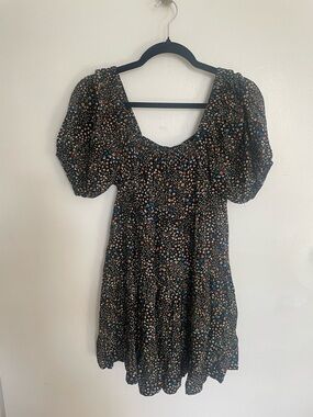 Wild Fable XS Black Floral Puff-Sleeve Mini Dress